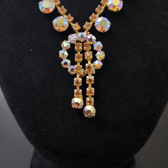 Vintage Rhinstone Necklace Aurora Borealis & Citrine - Picture 3 of 7